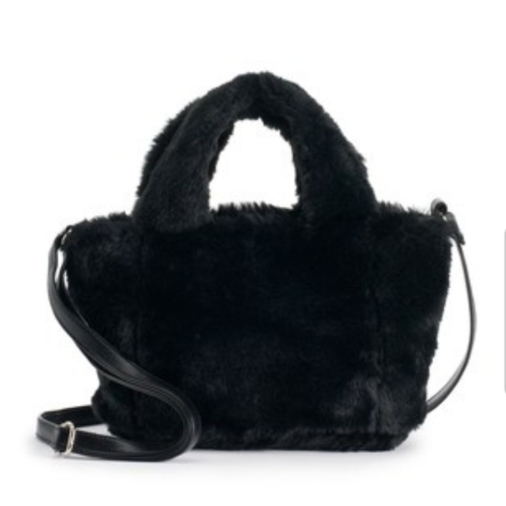 Black plush crossbody purse w/adjustable straps
